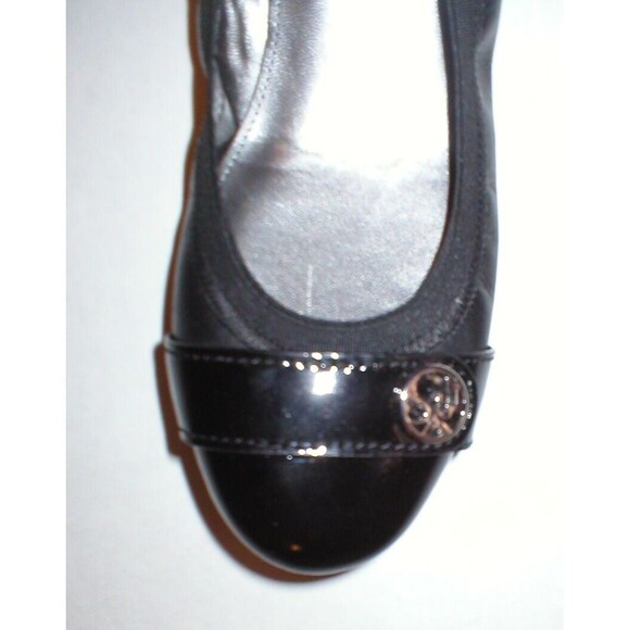 New Womens Authentic Coach Flats Leather 6 Shoes Black Gold Logo Patent Ballet - Picture 1 of 6